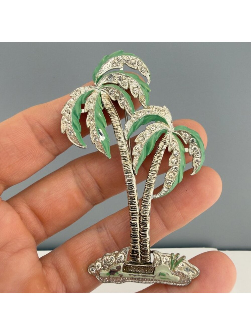 Vintage Pot Metal Palm Tree Enamel Brooch 1940s Rhinestone